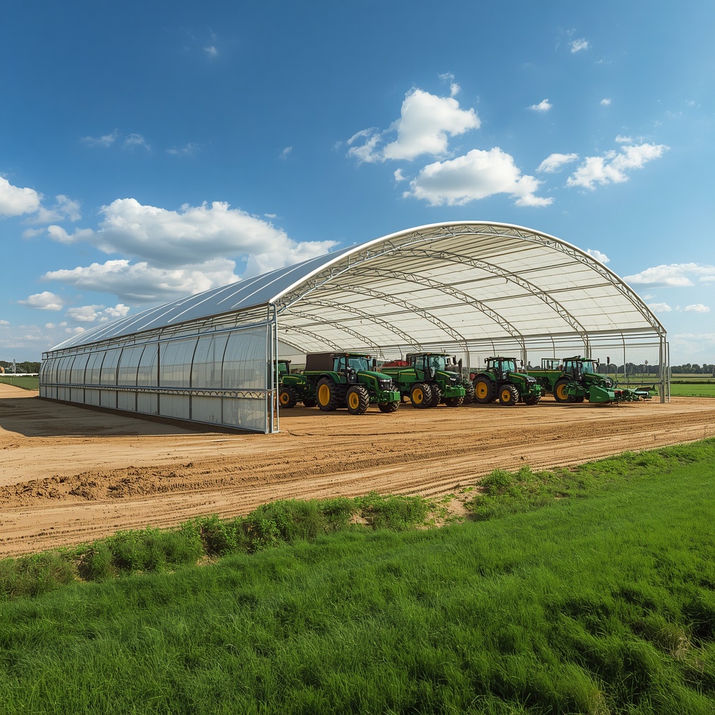 Large fabric hoop building on a farm providing year-round protection for tractors and agricultural equipment from harsh weather conditions.